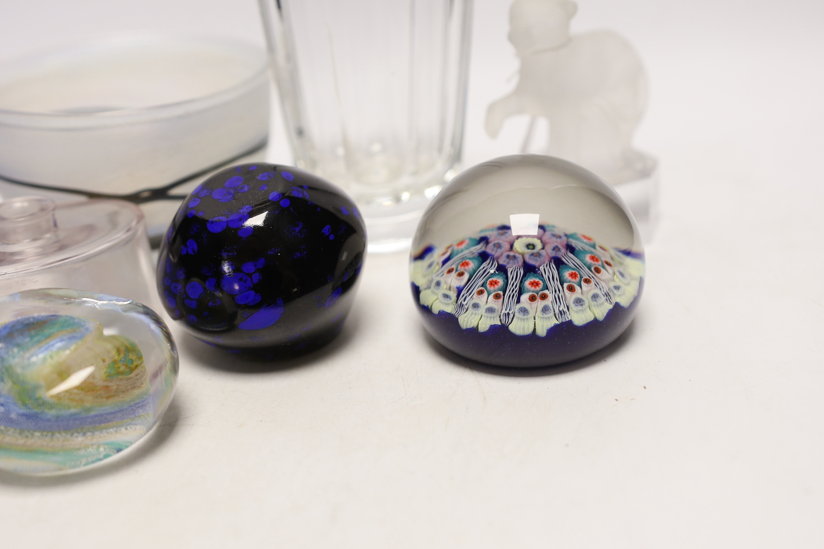 A collection of signed 20th century glassware, a Goebel cat, a Sabino dish, a bowl, an ink bottle, vase and three paperweights, vase 10.5cm